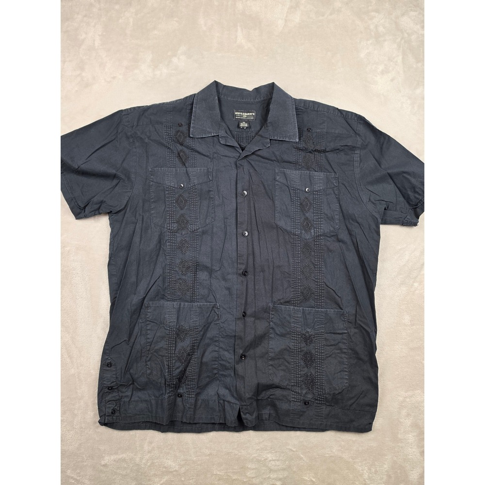 Steve & Barry's Guayabera Shirt Mens XXL Black Short Sleeve Embroidered Cotton